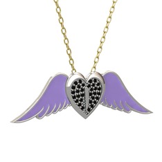 Kalpli Melek Kolye - Siyah zirkon 8 ayar beyaz altın kolye (Menekşe mineli, 40 cm altın rolo zincir) #9vlybq