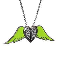 Kalpli Melek Kolye - Swarovski 925 ayar siyah rodyum kaplama gümüş kolye (Neon yeşil mineli, 40 cm gümüş rolo zincir) #a0q26e