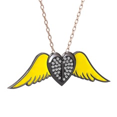 Kalpli Melek Kolye - Swarovski 925 ayar siyah rodyum kaplama gümüş kolye (Sarı mineli, 40 cm gümüş rolo zincir) #bc70am