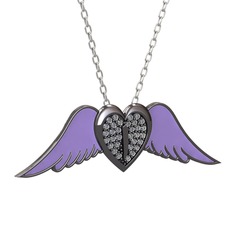 Kalpli Melek Kolye - Pırlanta 925 ayar siyah rodyum kaplama gümüş kolye (0.256 karat, menekşe mineli, 40 cm gümüş rolo zincir) #buoroj