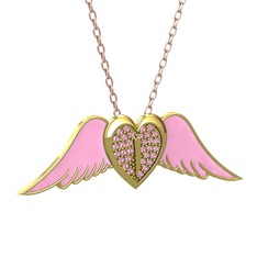 Pembe kuvars 14 ayar altın kolye (Pembe mineli, 40 cm gümüş rolo zincir)