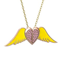 Kalpli Melek Kolye - Pembe kuvars 14 ayar rose altın kolye (Sarı mineli, 40 cm altın rolo zincir) #dkxuub