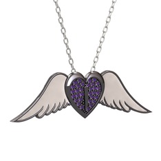 Ametist 925 ayar siyah rodyum kaplama gümüş kolye (Beyaz mineli, 40 cm gümüş rolo zincir)