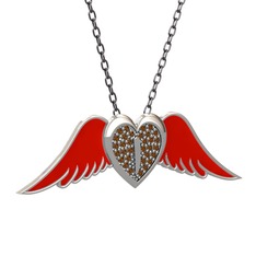 Kalpli Melek Kolye - Dumanlı kuvars 18 ayar beyaz altın kolye (Kırmızı mineli, 40 cm gümüş rolo zincir) #ewg7lg