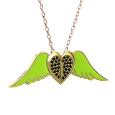 Kalpli Melek Kolye - Siyah zirkon 18 ayar altın kolye (Neon yeşil mineli, 40 cm rose altın rolo zincir) #gcn876