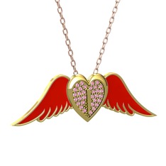 Kalpli Melek Kolye - Pembe kuvars 14 ayar altın kolye (Kırmızı mineli, 40 cm rose altın rolo zincir) #gj66kh