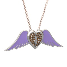 Kalpli Melek Kolye - Dumanlı kuvars 8 ayar beyaz altın kolye (Menekşe mineli, 40 cm rose altın rolo zincir) #hhwi3b