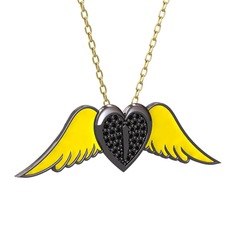 Kalpli Melek Kolye - Siyah zirkon 925 ayar siyah rodyum kaplama gümüş kolye (Sarı mineli, 40 cm gümüş rolo zincir) #iorbp6