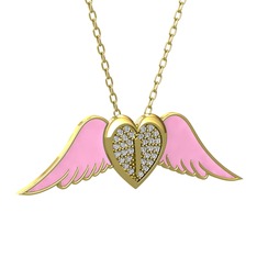 Kalpli Melek Kolye - Beyaz zirkon 18 ayar altın kolye (Pembe mineli, 40 cm altın rolo zincir) #j5i6rd