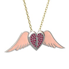 Kalpli Melek Kolye - Rodolit garnet 18 ayar beyaz altın kolye (Pastel pembe mineli, 40 cm altın rolo zincir) #juih40