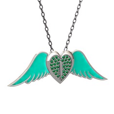 Kalpli Melek Kolye - Yeşil kuvars 18 ayar beyaz altın kolye (Turkuaz mineli, 40 cm gümüş rolo zincir) #n4x5fk