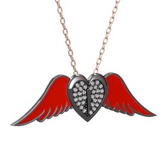 Kalpli Melek Kolye - Beyaz zirkon 925 ayar siyah rodyum kaplama gümüş kolye (Kırmızı mineli, 40 cm rose altın rolo zincir) #nnf5x7