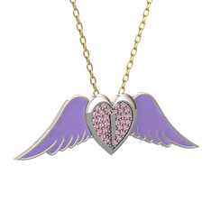 Kalpli Melek Kolye - Pembe kuvars 8 ayar beyaz altın kolye (Menekşe mineli, 40 cm gümüş rolo zincir) #no1lc5