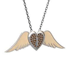 Kalpli Melek Kolye - Dumanlı kuvars 14 ayar beyaz altın kolye (Ekru mineli, 40 cm gümüş rolo zincir) #pfmvvv