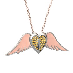 Kalpli Melek Kolye - Sitrin 8 ayar beyaz altın kolye (Pastel pembe mineli, 40 cm rose altın rolo zincir) #pqwrdl