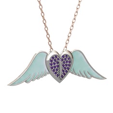 Kalpli Melek Kolye - Ametist 8 ayar beyaz altın kolye (Pastel mavi mineli, 40 cm rose altın rolo zincir) #qd24rr