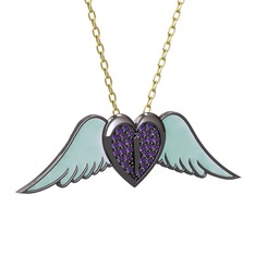 Kalpli Melek Kolye - Ametist 925 ayar siyah rodyum kaplama gümüş kolye (Pastel mavi mineli, 40 cm altın rolo zincir) #qg3gr0