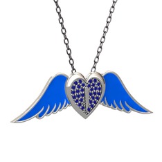 Kalpli Melek Kolye - Lab safir 18 ayar beyaz altın kolye (Mavi mineli, 40 cm gümüş rolo zincir) #qrofc8