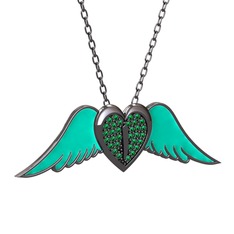 Kalpli Melek Kolye - Yeşil kuvars 925 ayar siyah rodyum kaplama gümüş kolye (Turkuaz mineli, 40 cm gümüş rolo zincir) #rezufu