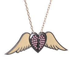 Kalpli Melek Kolye - Pembe kuvars 925 ayar siyah rodyum kaplama gümüş kolye (Ekru mineli, 40 cm gümüş rolo zincir) #rkhj1u