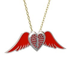 Kalpli Melek Kolye - Garnet 8 ayar beyaz altın kolye (Kırmızı mineli, 40 cm altın rolo zincir) #s0s37d