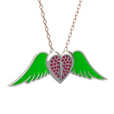 Kalpli Melek Kolye - Rodolit garnet 14 ayar beyaz altın kolye (Yeşil mineli, 40 cm rose altın rolo zincir) #s3o4gs