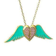 Pembe kuvars 18 ayar altın kolye (Turkuaz mineli, 40 cm altın rolo zincir)