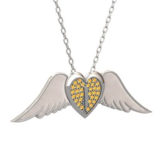 Kalpli Melek Kolye - Sitrin 8 ayar beyaz altın kolye (Beyaz mineli, 40 cm gümüş rolo zincir) #tv75oj