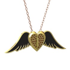 Kalpli Melek Kolye - Dumanlı kuvars 925 ayar altın kaplama gümüş kolye (Siyah mineli, 40 cm rose altın rolo zincir) #u51y8s