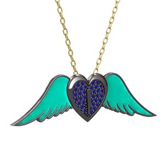 Kalpli Melek Kolye - Lab safir 925 ayar siyah rodyum kaplama gümüş kolye (Turkuaz mineli, 40 cm altın rolo zincir) #u995p4