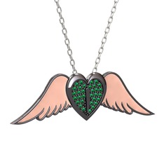 Kalpli Melek Kolye - Yeşil kuvars 925 ayar siyah rodyum kaplama gümüş kolye (Pastel pembe mineli, 40 cm beyaz altın rolo zincir) #v3ctow