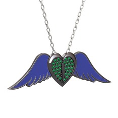 Kalpli Melek Kolye - Yeşil kuvars 925 ayar siyah rodyum kaplama gümüş kolye (Lacivert mineli, 40 cm beyaz altın rolo zincir) #vuvwwa