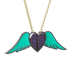 Kalpli Melek Kolye - Ametist 925 ayar siyah rodyum kaplama gümüş kolye (Turkuaz mineli, 40 cm altın rolo zincir) #wf36ab