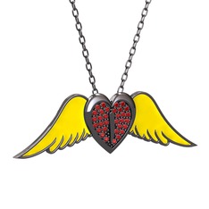 Kalpli Melek Kolye - Garnet 925 ayar siyah rodyum kaplama gümüş kolye (Sarı mineli, 40 cm gümüş rolo zincir) #wknvvk