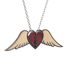 Kalpli Melek Kolye - Garnet 925 ayar siyah rodyum kaplama gümüş kolye (Ekru mineli, 40 cm beyaz altın rolo zincir) #xg24p6