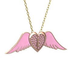 Kalpli Melek Kolye - Pembe kuvars 8 ayar rose altın kolye (Pembe mineli, 40 cm gümüş rolo zincir) #xh5nbh