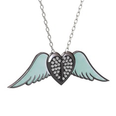 Kalpli Melek Kolye - Swarovski 925 ayar siyah rodyum kaplama gümüş kolye (Pastel mavi mineli, 40 cm beyaz altın rolo zincir) #y3zo1w