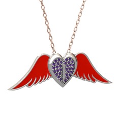 Kalpli Melek Kolye - Ametist 8 ayar beyaz altın kolye (Kırmızı mineli, 40 cm rose altın rolo zincir) #yxvpnd