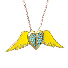 Kalpli Melek Kolye - Akuamarin 14 ayar altın kolye (Sarı mineli, 40 cm gümüş rolo zincir) #z17eka