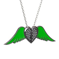 Kalpli Melek Kolye - Pırlanta 925 ayar siyah rodyum kaplama gümüş kolye (0.256 karat, yeşil mineli, 40 cm beyaz altın rolo zincir) #zntuxk