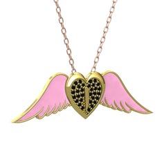 Kalpli Melek Kolye - Siyah zirkon 14 ayar altın kolye (Pembe mineli, 40 cm gümüş rolo zincir) #zua1kr