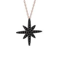 Kutup Yıldızı Kolye - Siyah zirkon 925 ayar siyah rodyum kaplama gümüş kolye (40 cm rose altın rolo zincir) #1h26g46
