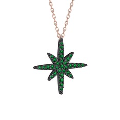 Kutup Yıldızı Kolye - Yeşil kuvars 925 ayar siyah rodyum kaplama gümüş kolye (40 cm rose altın rolo zincir) #e3m4jw
