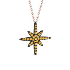 Kutup Yıldızı Kolye - Sitrin 925 ayar siyah rodyum kaplama gümüş kolye (40 cm rose altın rolo zincir) #el2pcb
