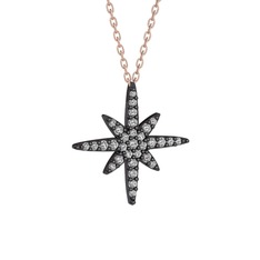 Kutup Yıldızı Kolye - Beyaz zirkon 925 ayar siyah rodyum kaplama gümüş kolye (40 cm rose altın rolo zincir) #l4a6x7
