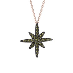 Kutup Yıldızı Kolye - Peridot 925 ayar siyah rodyum kaplama gümüş kolye (40 cm rose altın rolo zincir) #n6nprg