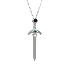 Kılıç Kolye - Siyah zirkon ve yeşil kuvars 8 ayar beyaz altın kolye (40 cm beyaz altın rolo zincir) #106qdga