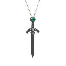 Kılıç Kolye - Yeşil kuvars ve swarovski 925 ayar siyah rodyum kaplama gümüş kolye (40 cm gümüş rolo zincir) #108npje
