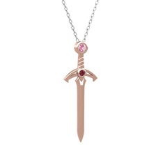 Kılıç Kolye - Pembe kuvars ve kök yakut 8 ayar rose altın kolye (40 cm beyaz altın rolo zincir) #10bwi2a