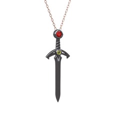 Kılıç Kolye - Garnet ve peridot 925 ayar siyah rodyum kaplama gümüş kolye (40 cm rose altın rolo zincir) #10h66li